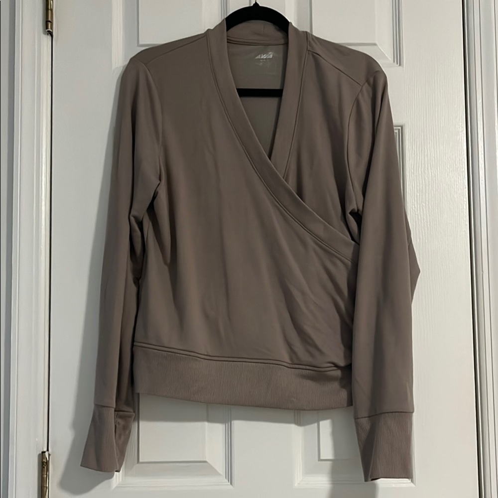 Chic Gray Taupe Long Sleeve Wrap Yoga Athletic Sweatshirt Top XL 16-18